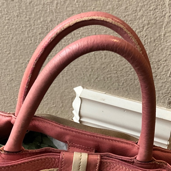 Prada, beige canvas Monogram tote with pink leather bow and trim.  173-H4g - Picture 13 of 15